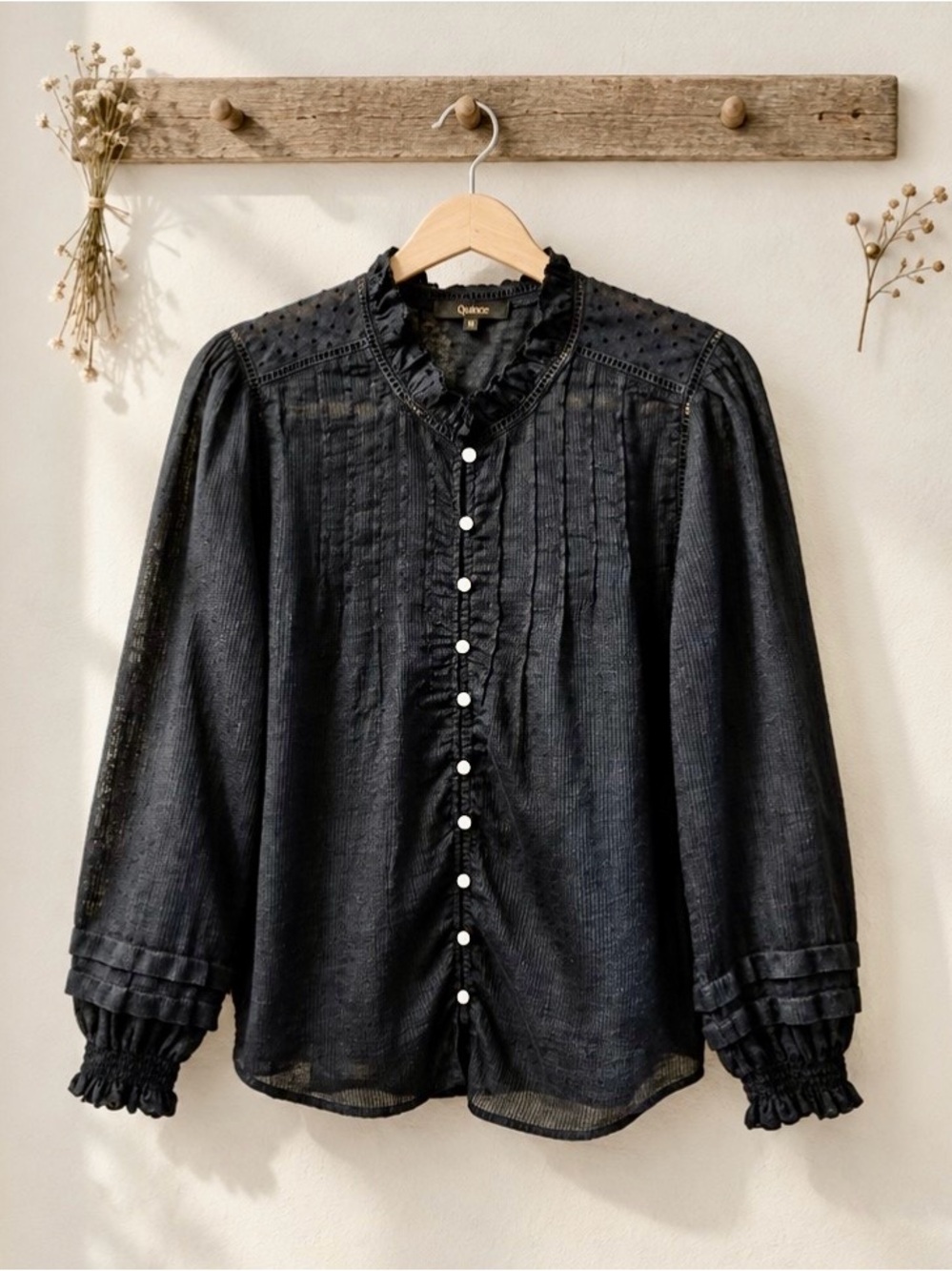 Quince Dark Navy Ruffled Pintuck Button-Front Blouse Sz M